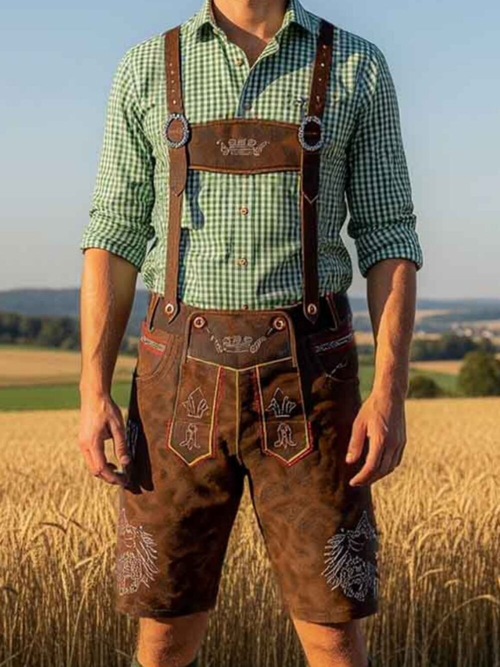 Men’s Traditional German Lederhosen Stormer Red Brown Leather Oktoberfest Outfit